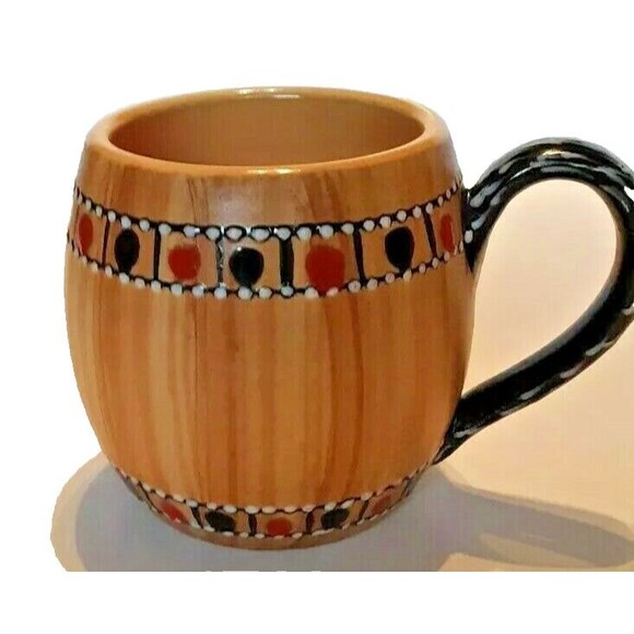 Wood Grain Look Ceramic Mug  Lines Dots Black Handle Coffee Tea Cocoa MCM Vtg - Picture 3 of 7